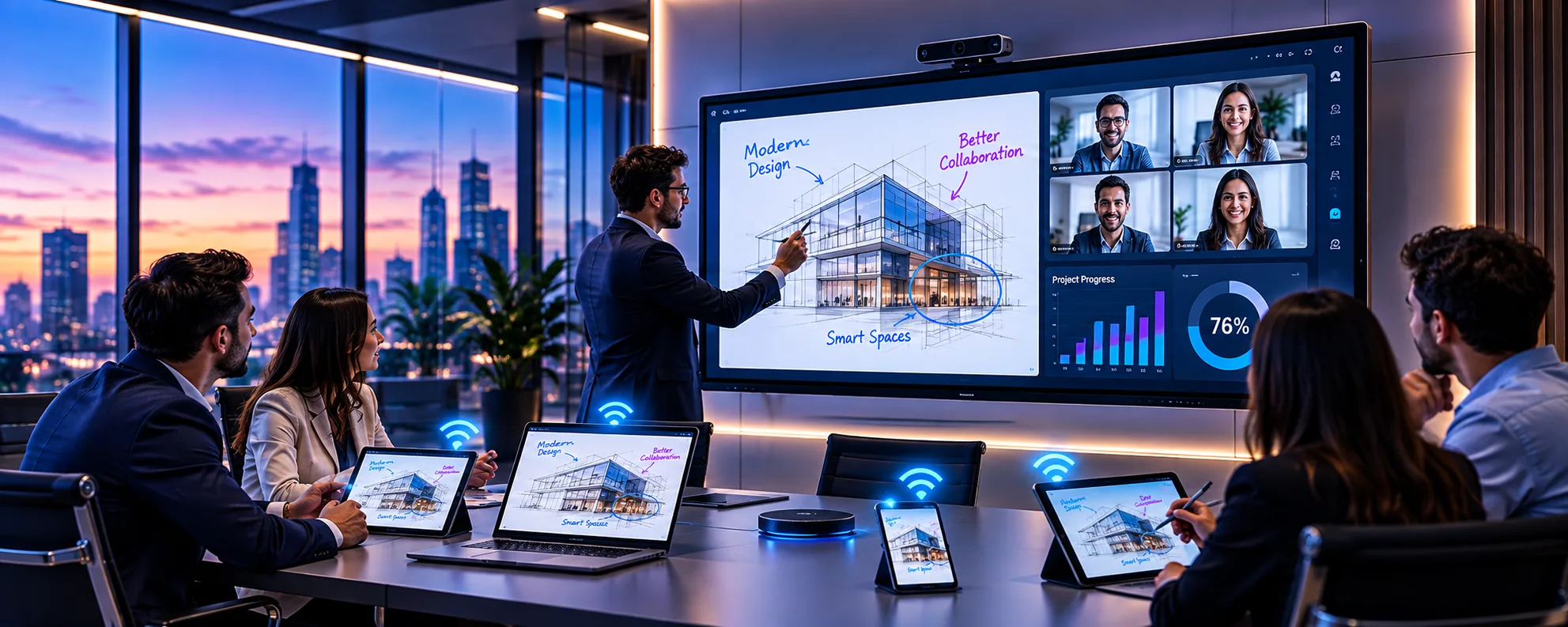 A presenter annotating a Horion interactive display in a meeting, with participants on a video call