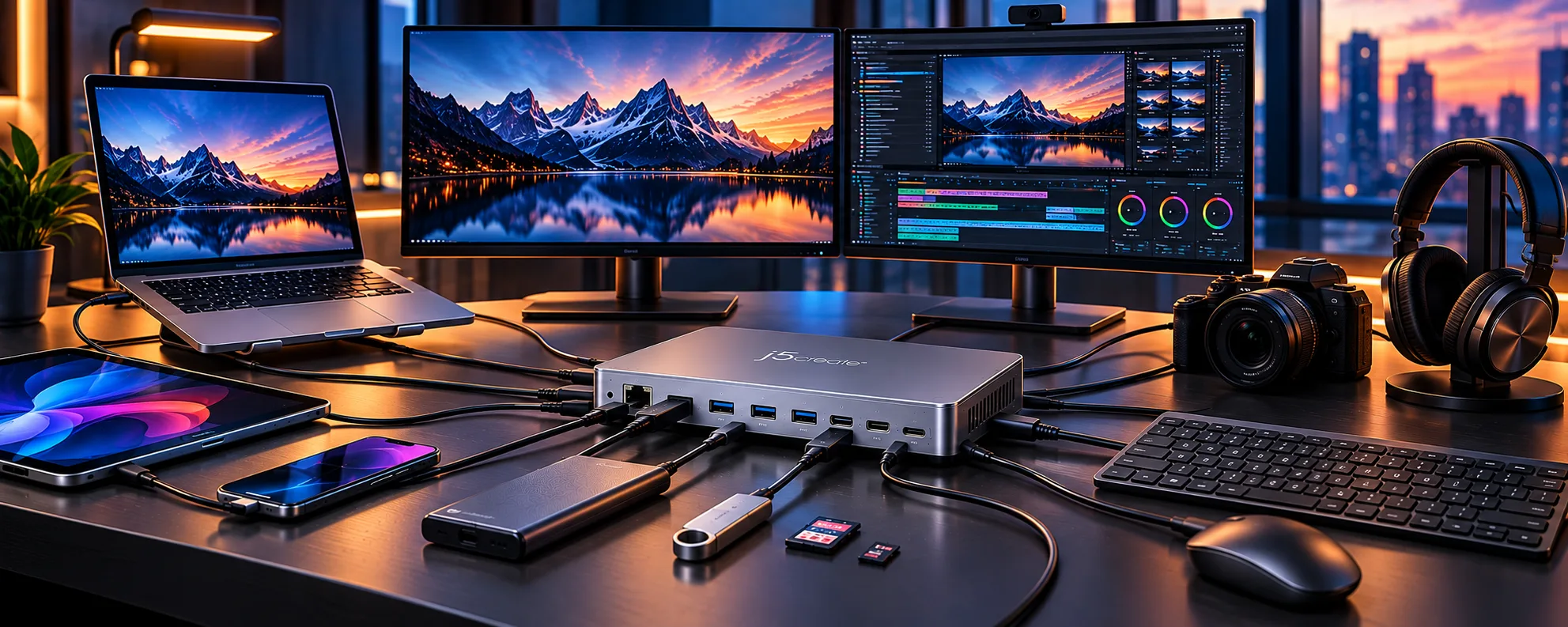A j5create dock connecting a display, storage, network, audio and mobile devices