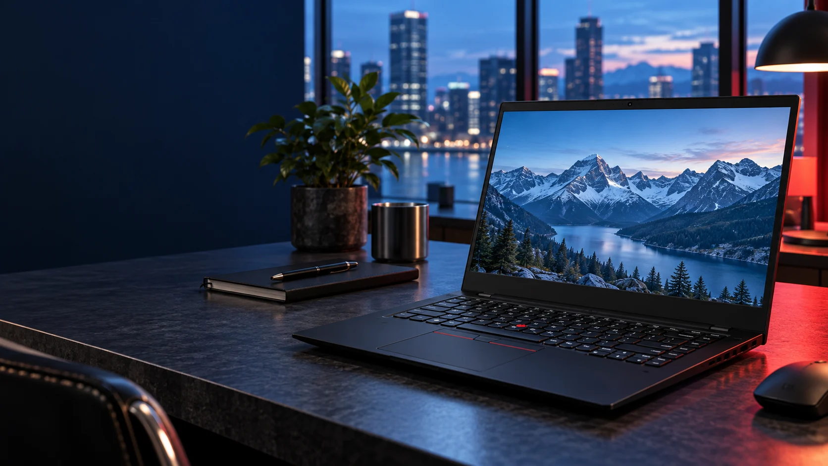 Illustrative business laptop in a modern workspace
