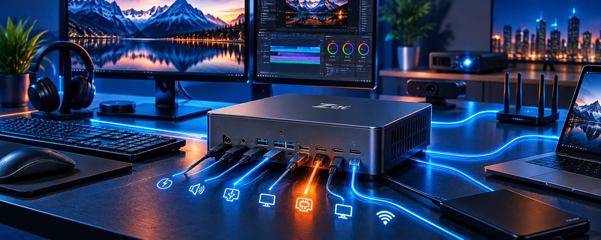 The rear port panel of a Zai mini PC with USB, HDMI, DisplayPort, Thunderbolt, Bluetooth and Gigabit LAN connections