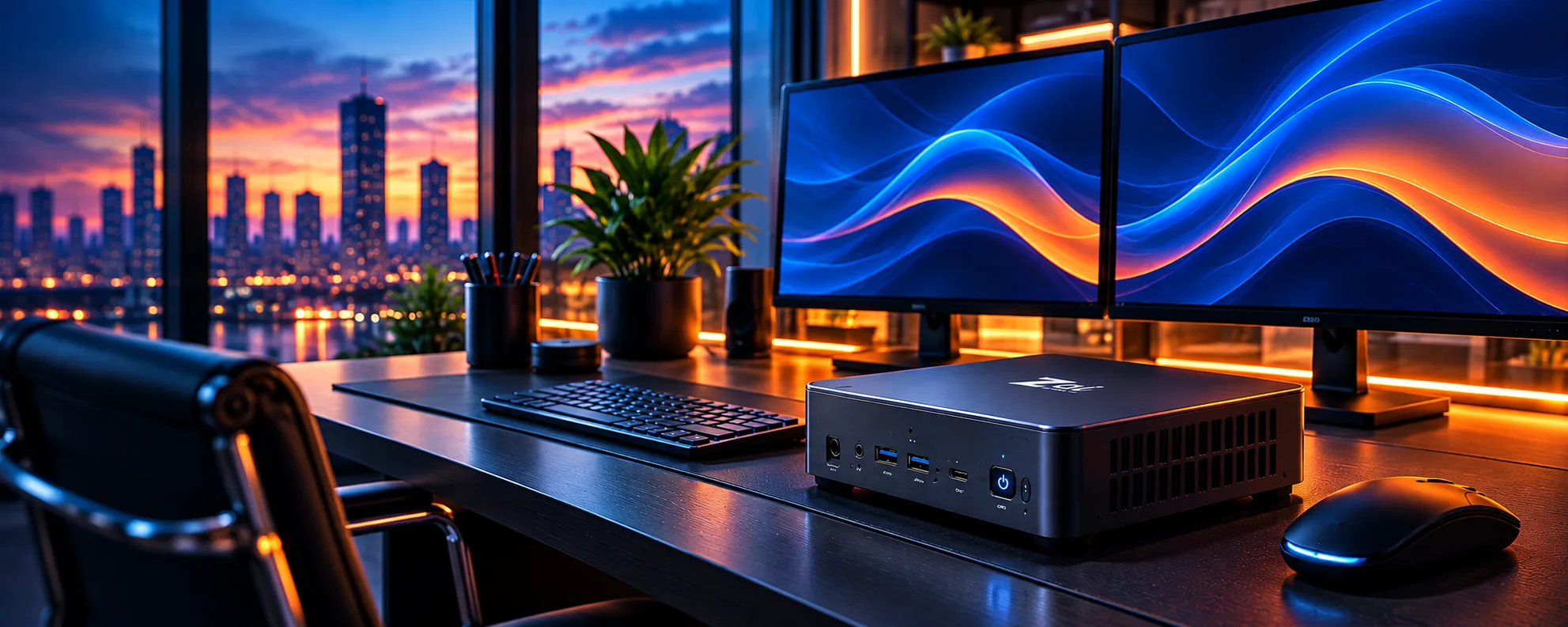 A Zai mini PC on a desk with dual widescreen monitors